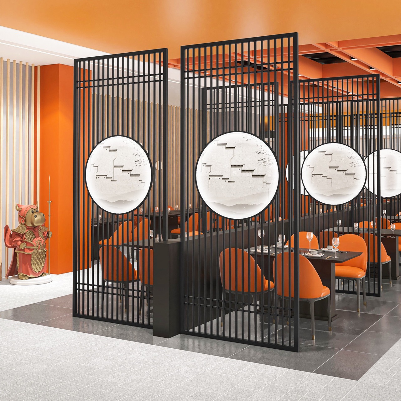 不锈钢圆形屏风隔断黑色金属格栅镂空酒店大堂背景墙楼梯过道屏风