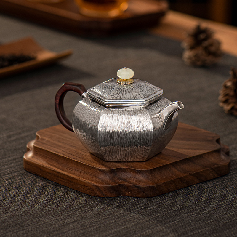 银器时代 纯银泡茶壶玉摘六方银壶家用中式复古风功夫茶具银茶壶