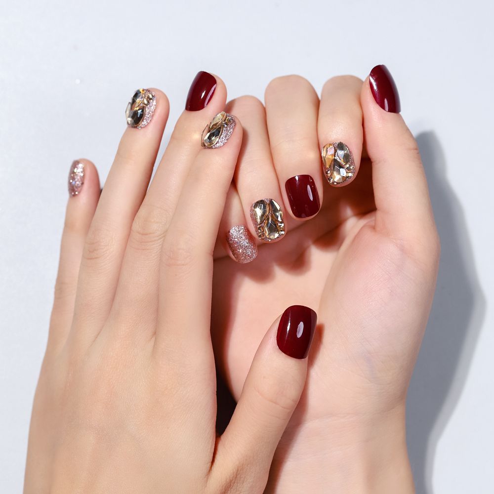 短款酒红闪粉香槟钻假指甲贴穿戴甲成品甲片美甲贴片拆卸指甲贴片