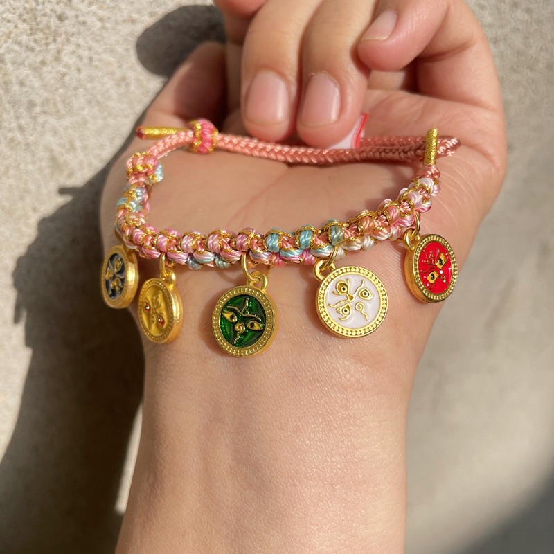 Live Broadcast Supply Peach Blossom Knot Five Gods of Wealth Peach Blossom Bracelet Color Carrying Strap Adjustable Size Men's and Women's Thangka Bracelet