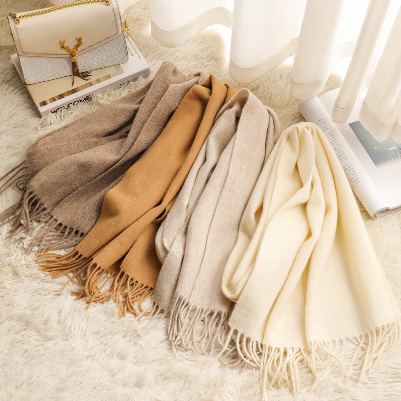 Autumn and Winter New 100% Pure Cashmere Small Scarf Women's Super Water Ripple Tassel Scarf All-Matching Solid Color Scarf
