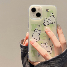 小众绿色卡通可爱猫咪适用iphone13手机壳苹果14promax新款12女11