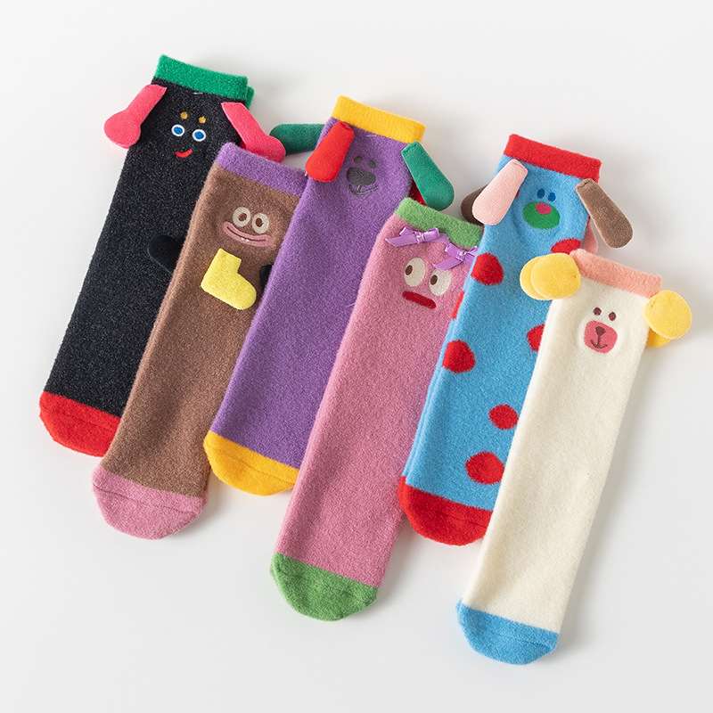 Autumn and Winter New Coral Fleece Women's Socks Cute Cartoon Extra Thick Thermal Middle Tube Socks Room Socks Parent-Child Sleeping Socks