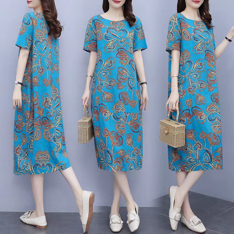 2023 Summer New Dress Best-Seller on Douyin Loose plus Size Women's Clothing Short Sleeve Printed Middle-Aged Mom Dress