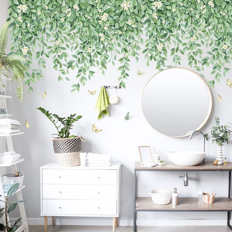 绿色植物顶角线墙贴卧室沙发背景装饰贴纸北欧叶子小鸟可移墙贴