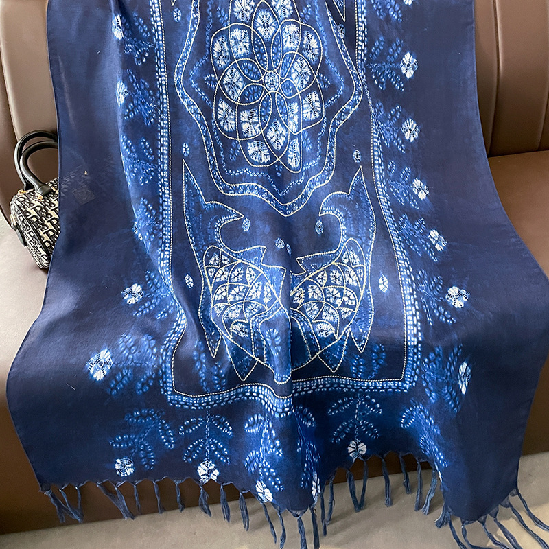 Spring and Autumn Waxed Vintage Blue Scarf Women's Cotton and Linen Summer Air-Conditioning Shawl Ethnic Style Tassel Long Scarf