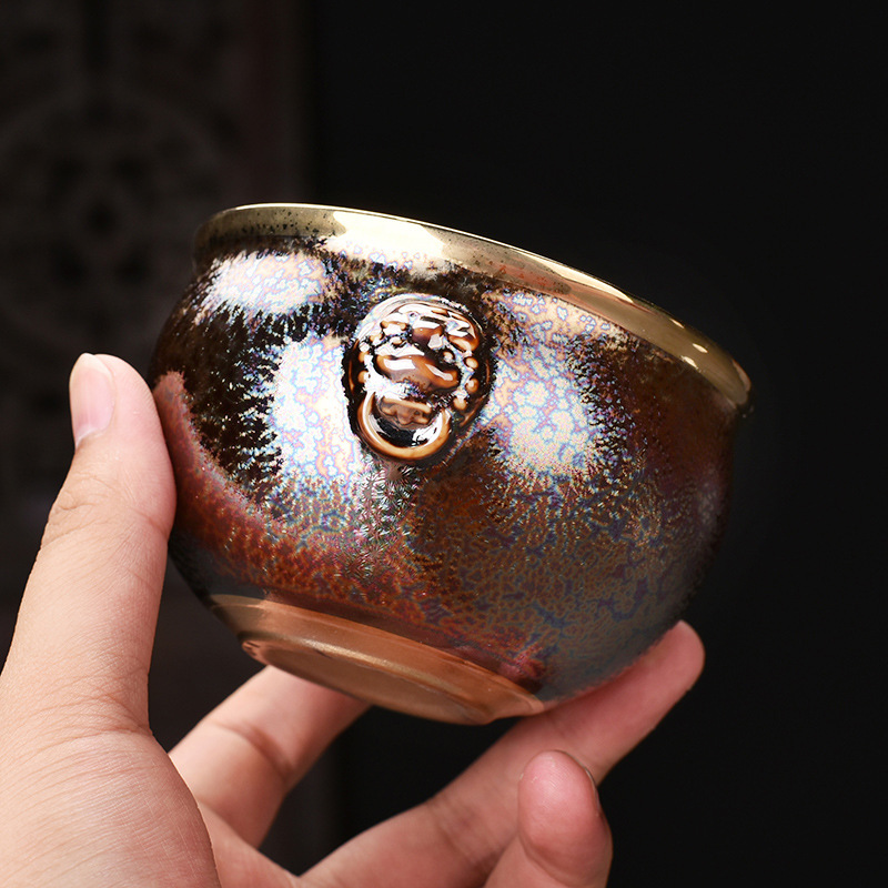 鎏金品茗杯家用建盏浮雕瑞兽百福茶盏功夫大号茶杯金盏高档礼盒装