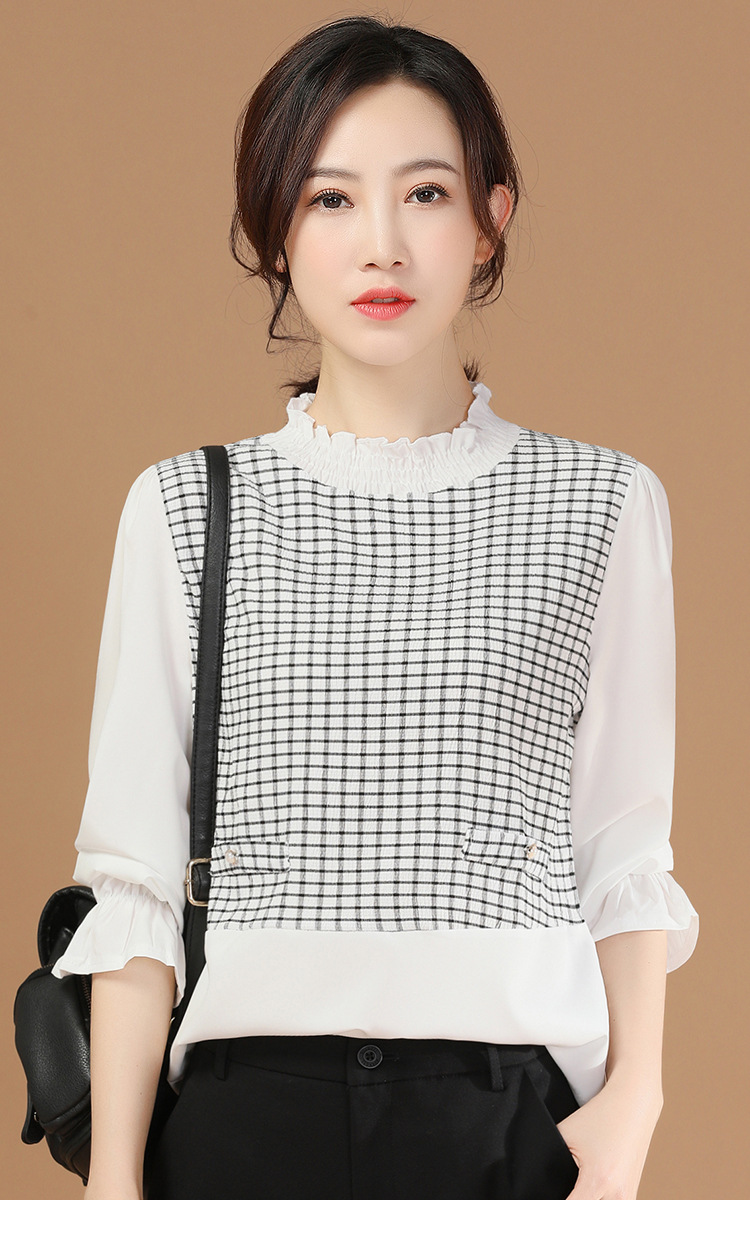 2021春季新款假两件立领格纹法式休闲宽松雪纺衫女装韩潮女服装女上衣