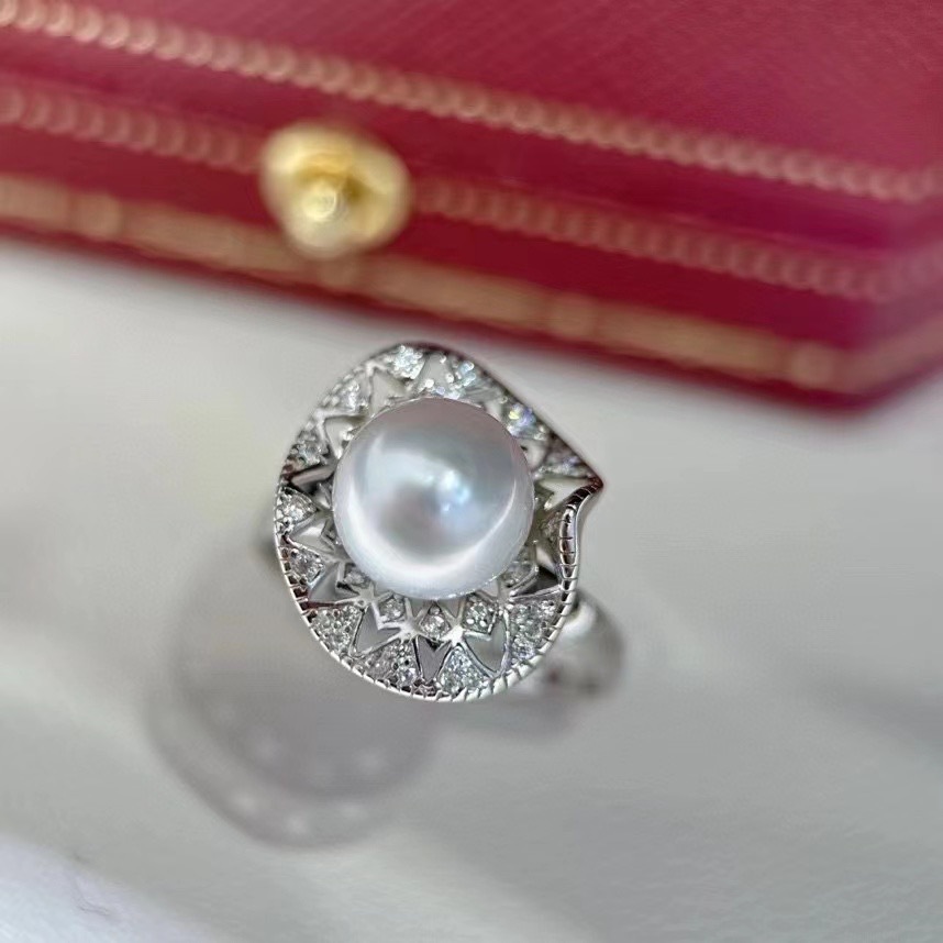 天然淡水9-10爱迪生珍珠戒指正圆冷光强光大白珍珠指环澳白平替女