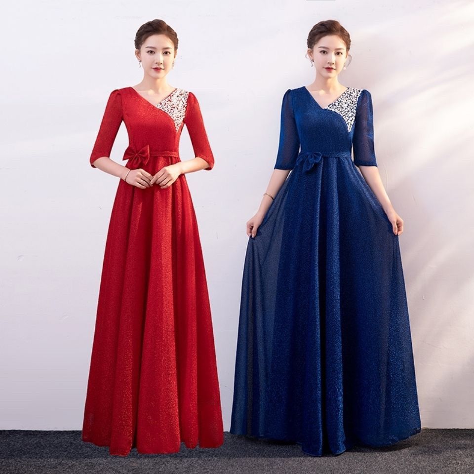 新款大合唱演出服女气质长裙年会主持晚礼服中青年建党节舞台服装
