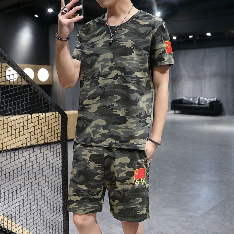 迷彩服套装男夏季2024新款短袖短裤纯棉修身大码男士休闲运动套装