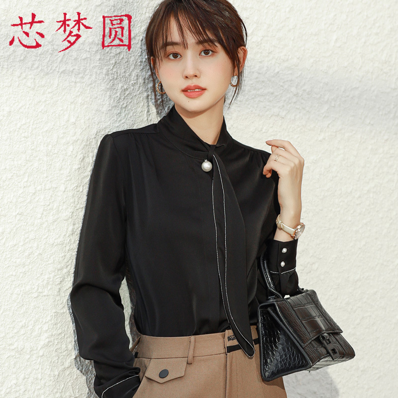 职业装女黑色立领衬衣长袖秋季时尚高档气质商务酒店总裁衬衫正装