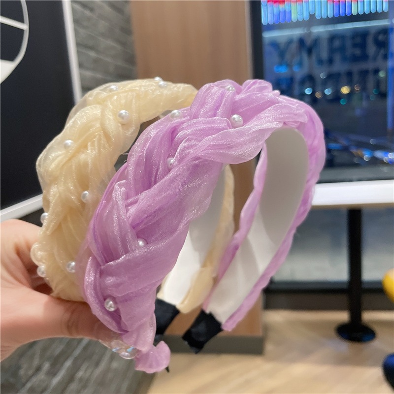 复古气质超仙头箍纱皱辫子网纱珍珠麻花发带发箍简约甜美发头饰