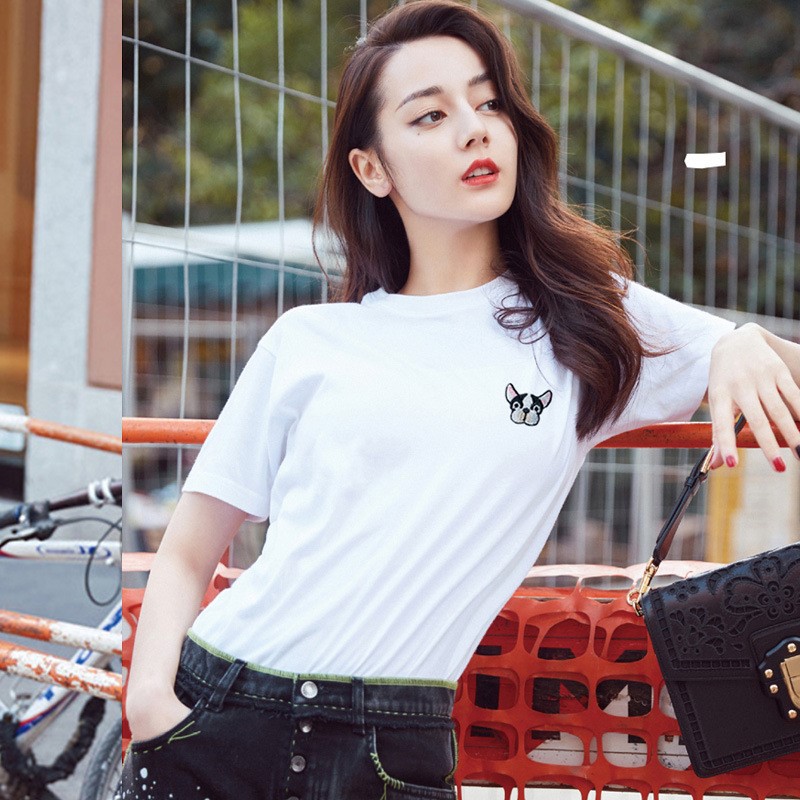迪丽热巴明星同款韩版打底衫短袖修身刺绣t恤女夏修身纯棉上衣