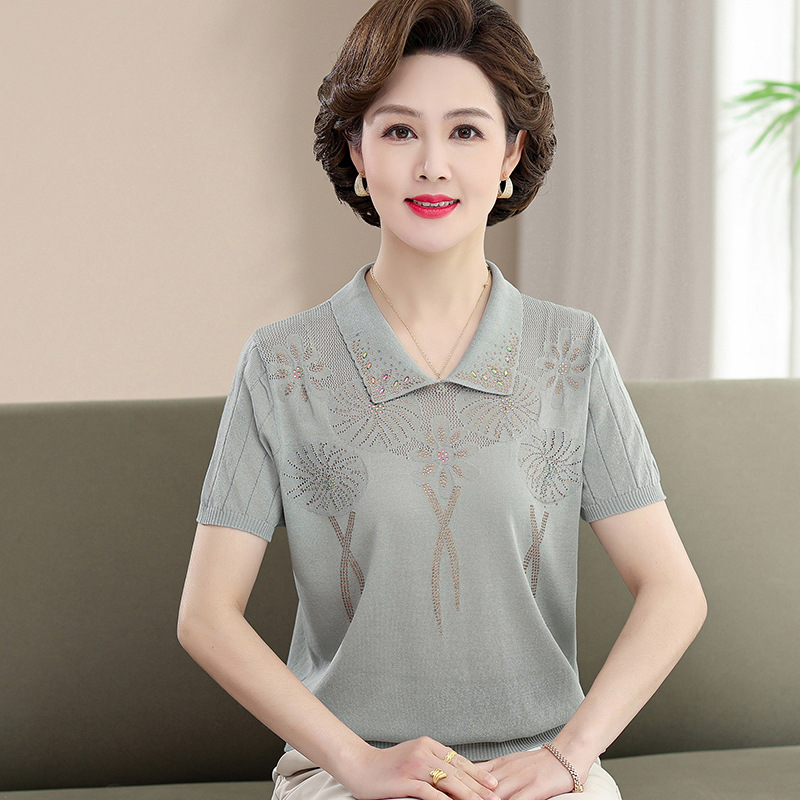 Short-Sleeved Mom's New Ice Silk Sweater Thin Top Women's Western-Style Bottoming Shirt Middle-Aged and Elderly Summer T-shirt