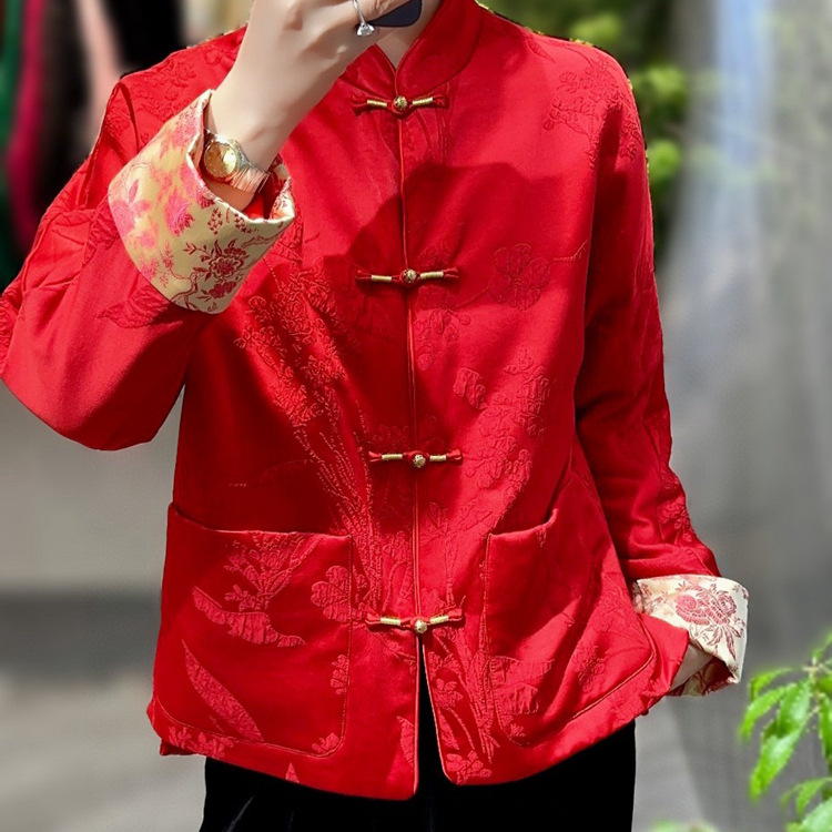 秋冬中国红国风新年款人丝羊毛提花撞锦缎棉服盘扣唐装小棉袄123