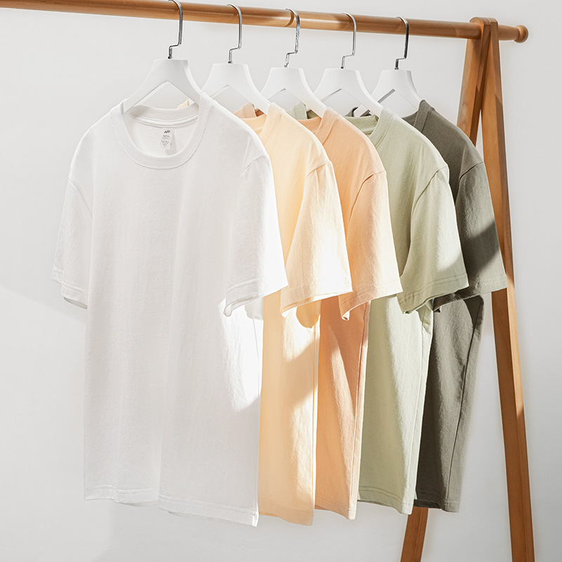 Summer Solid Color 230G Heavy Weight Cotton Base Shirt White for Men Casual All-Match round Neck Micro Drop Shoulder Short Sleeve T-shirt for Women