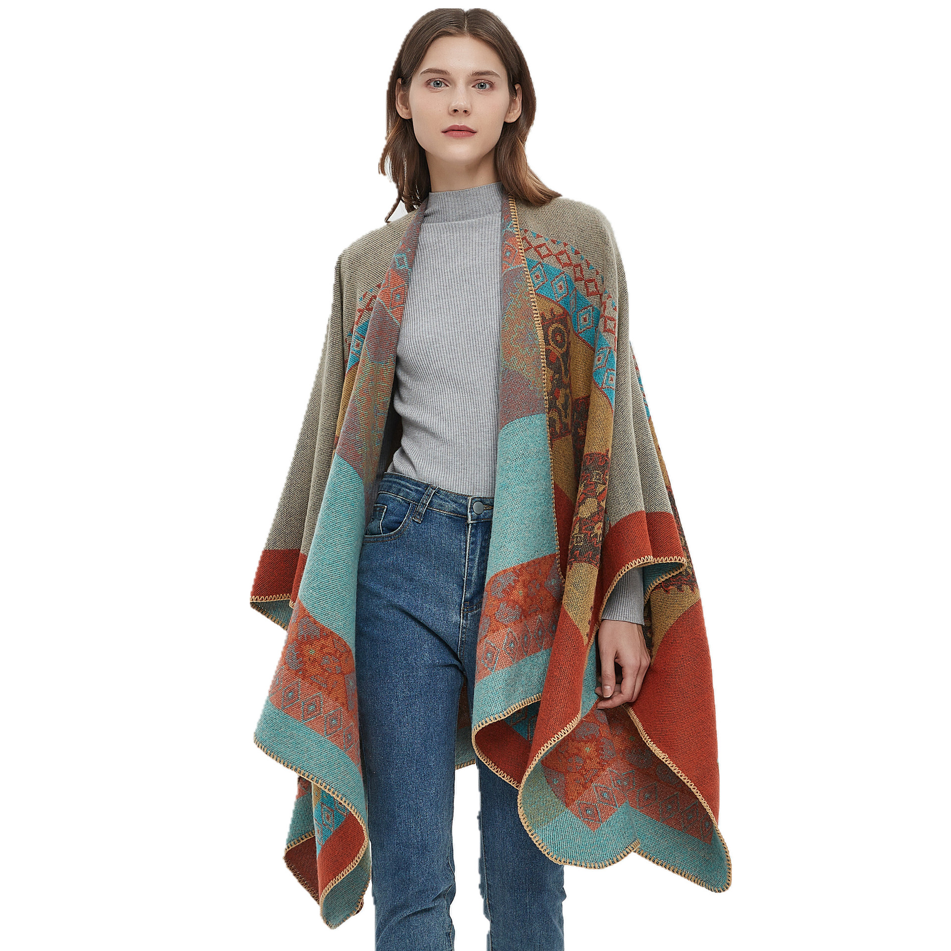 foreign trade new cloak european and american autumn and winter jacquard thickened orange cashmere-like triangle needle lock split shawl