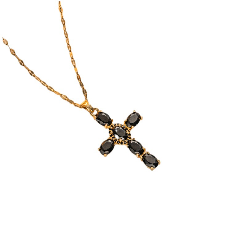 2023 New Copper Micro Zircon-Laid Necklace Multicolor Cross Pendant Hip Hop Necklace Clavicle Chain