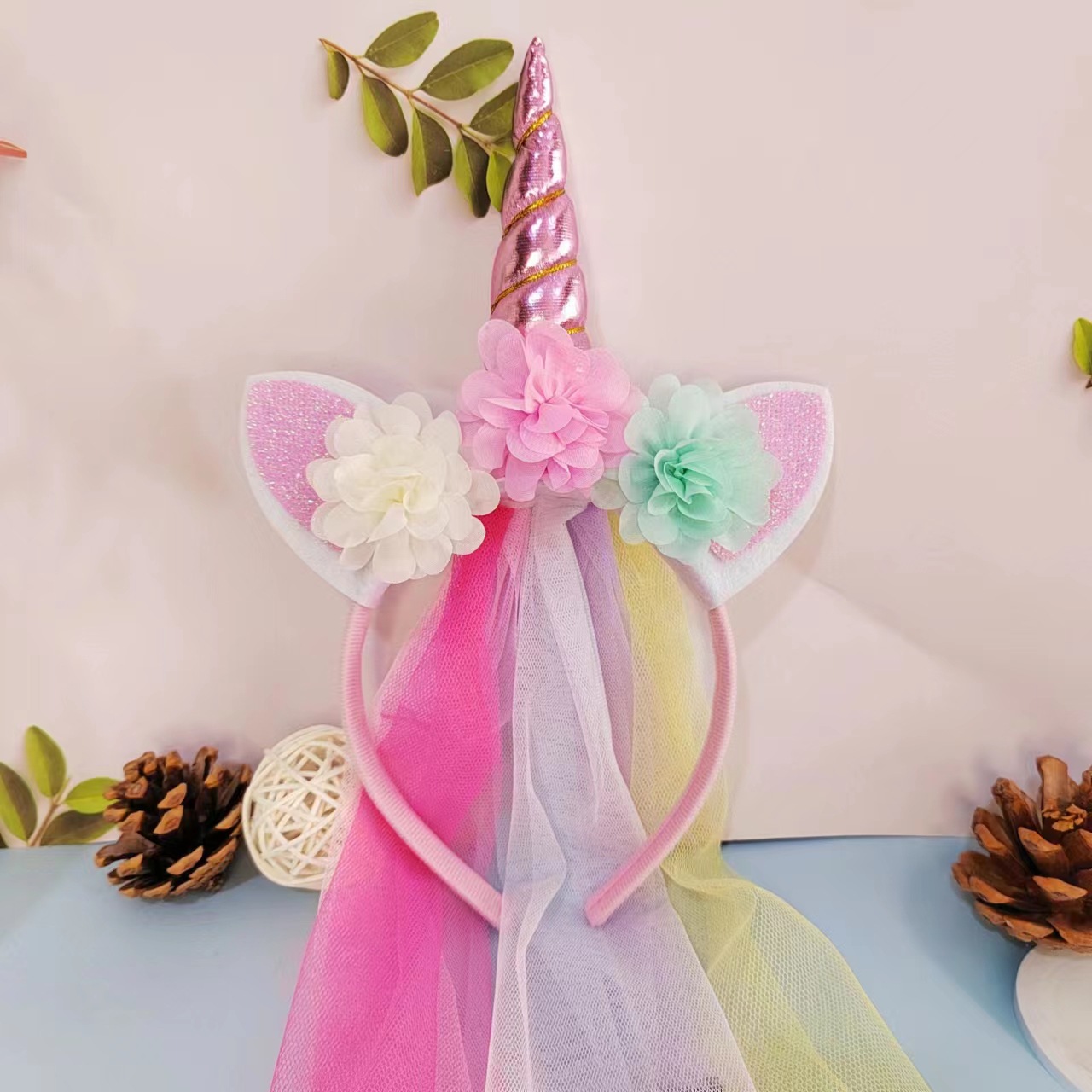 Korean Style Super Fairy Mesh Unicorn Headband Pink Sweet Cute Children Cartoon Headwear Small Flower Streamer Hair Accessory