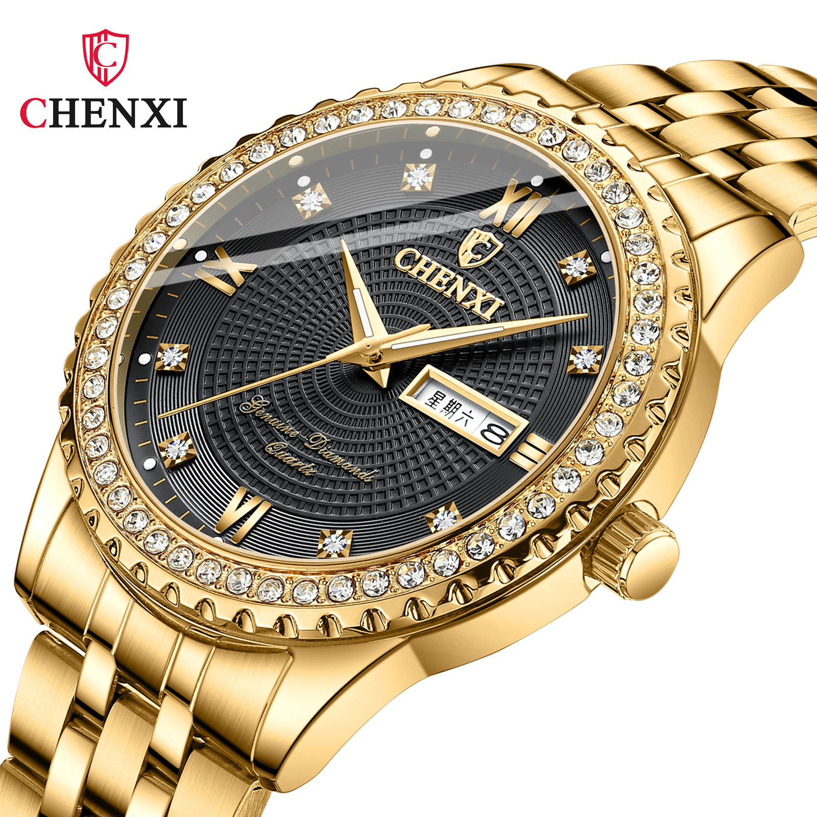 chenxi晨曦全金高端商务腕表防水日历镶钻石英表男士手表新款8215