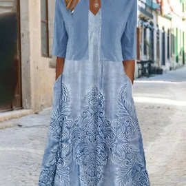 欧美跨境2025夏季新款3D数码印花女士两件套V领吊带短袖连衣裙