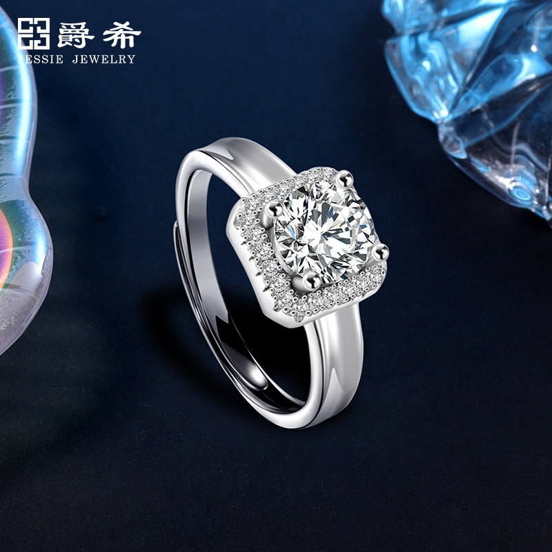 s925纯银莫桑钻戒指女韩版气质经典豪华方包一克拉莫桑石指环代发