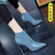 Pointed toe High Heeled Boots Woman Thick Heel Patent