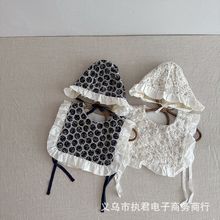 2023新款婴幼儿宝宝绣花褶皱边洋气穿搭帽子口水巾披肩棉质三件套