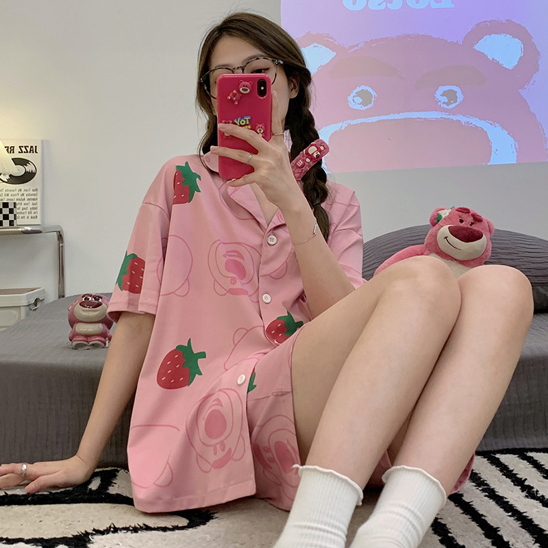 New Pajamas Women's Short Sleeve Summer Lapels Cardigan Suit Student Sweet Cute Cartoon Women's Cotton