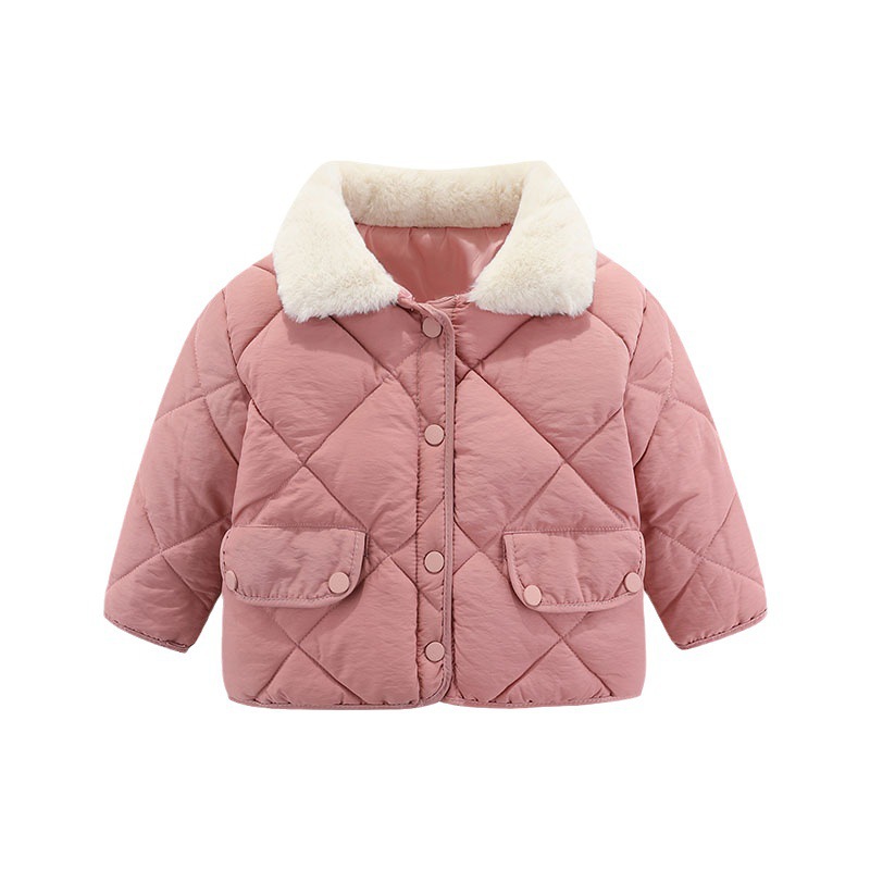 反季中小童韩版宽松棉服儿童菱形格棉袄男女宝宝加厚保暖毛领外套