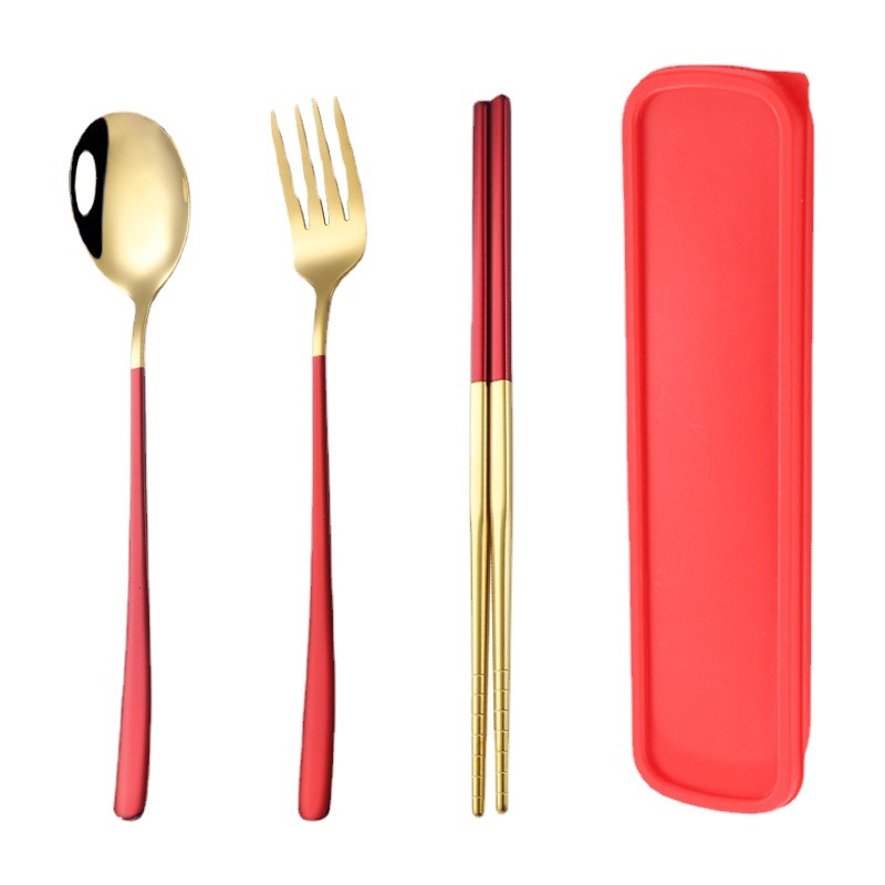 Stainless Steel Korean-Style Portable Tableware Fork Spoon Chopsticks Set Outdoor Gift Student Tableware Three-Piece Set