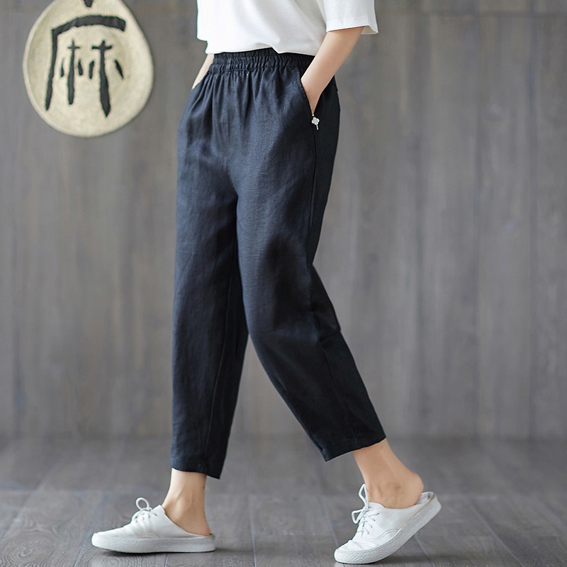 [Spot] Cotton and Linen Trousers Women's Large Size Cropped Pants Loose Feet Harem Casual Pants Baggy Pants