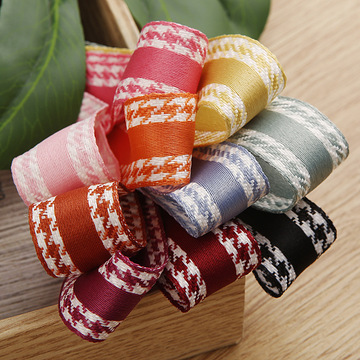 条纹双边千鸟格涤棉缎带 儿童发夹发饰材料服装辅料礼盒装饰织带