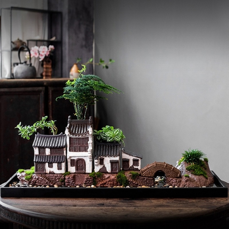 乌金石盆假山吸水石石头花盆创意微景观天然石头盆景山水盆包邮房