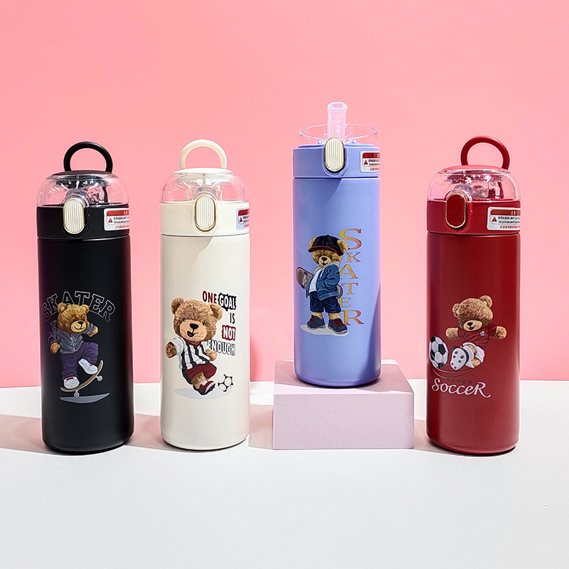 Factory Direct Sales Cross-Border 304 Stainless Steel Thermos Cup Solid Color Handle Cover Cartoon UV Print Teddy Bear Tumbler