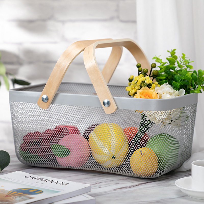 Household Iron Net Wooden Handle Storage Basket Fruit Vegetable Basket Desktop Sundries Dormitory Skincare Storage Basket