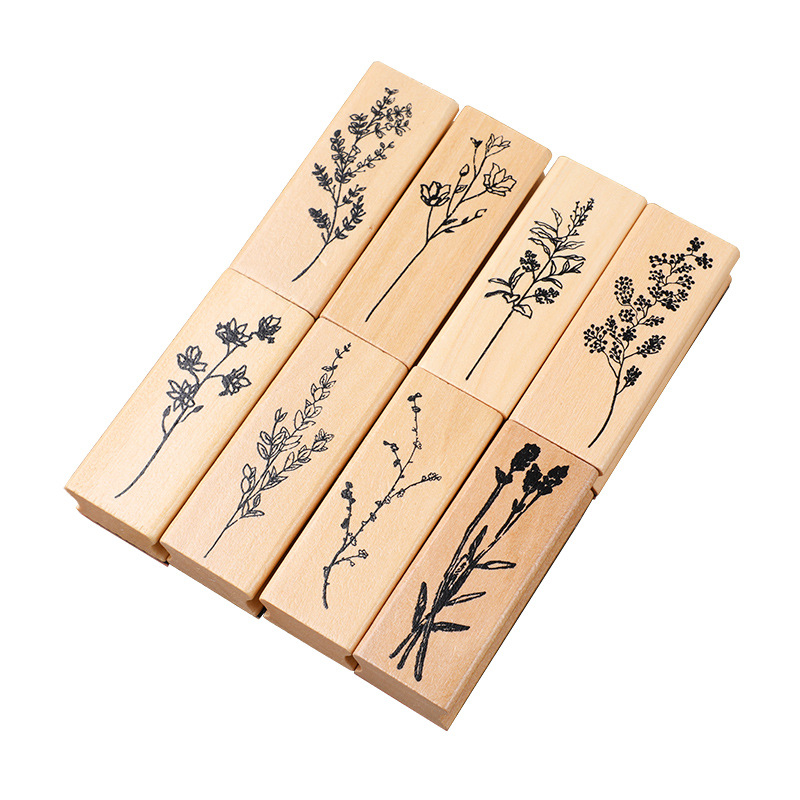 Exquisite Wooden Flowers and Plants Set Seal Creative Fresh Plant Notebook DIY Decorative Seal 8 Models Selection