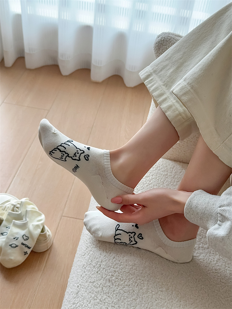 袜子女春夏薄款奶白色系卡通女船袜ins潮韩系可爱趣味插画女袜棉