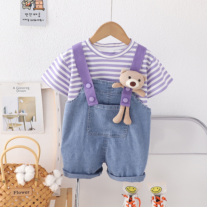 Little Barong Children's Clothing 2024 Summer Bear Strap Denim Shorts Suit Girls' Western Style Striped Short Sleeve Two-Piece Suit