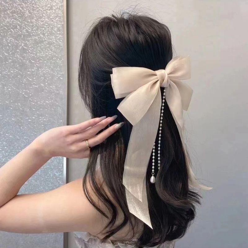 超仙蝴蝶结弹簧夹后脑勺珍珠流苏飘带发夹扎头发丝带高级感头饰女