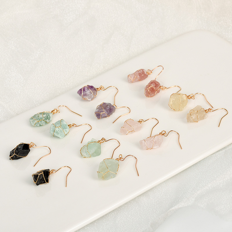 Amazon Hot Selling Natural Crystal Mixed Irregular Rough Stone Earrings Creative Simple Women's Handmade Earrings