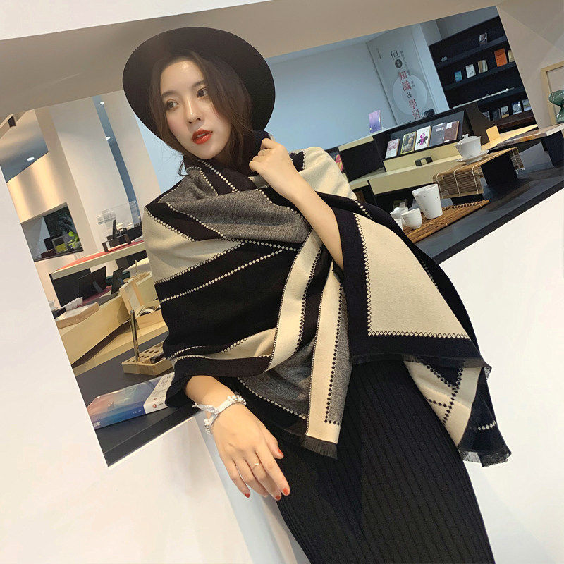 New Large V-Shaped Shawl Warm Thickened Double-Sided Artificial Cashmere Scarf Women's Korean-Style Office Air Conditioning Shawl Scarf