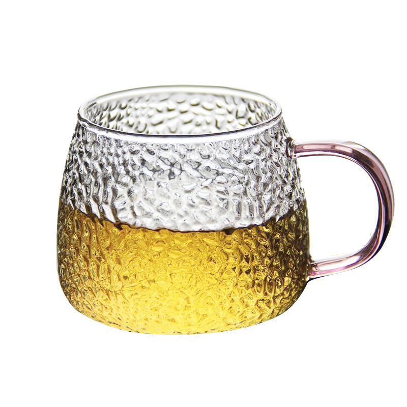 Hammered Pattern Glass Heat-Resistant Explosion-Proof Hammer Pattern Breakfast Cup Household Scented Tea Cup Handle Water Cup Color Handle Glass Coffee Cup