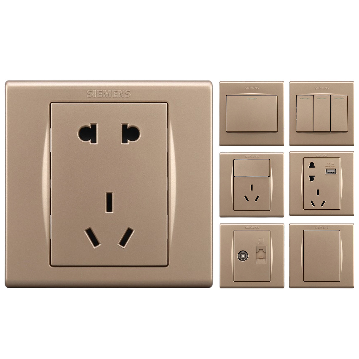 西门子开关品宜香槟金 一双三控双四开带usb中途插座家用暗装面板