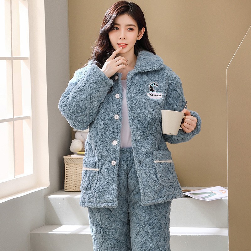 跨境专供冬季居家棉衣睡衣女冬季三层加厚睡衣套装秋冬天保暖夹棉袄