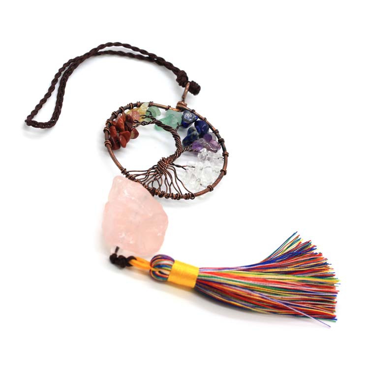 新品碎石绕线生命树圆形挂件 水晶石流苏车挂编织发财树汽车车饰