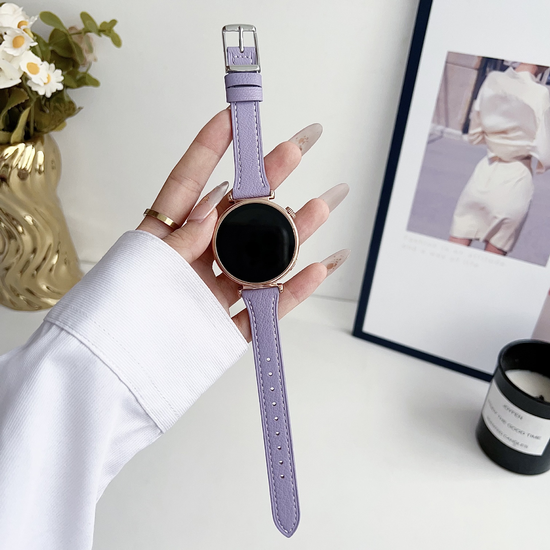 适用于华为gt4手表带gt3pro女款watch4皮质香芋紫t型方扣细款表带