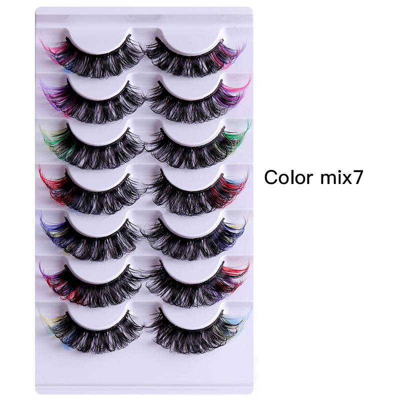 Europe and America Cross Border Popular Chemical Fiber Color False Eyelashes 7 Pairs Thick Curl Simulation D Song Eyelash in Stock Wholesale