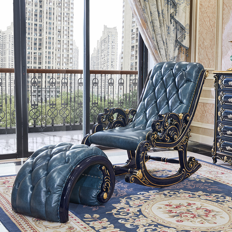 欧式摇椅卧室阳台休闲午休椅全实木雕花真皮躺椅子午睡沙发椅